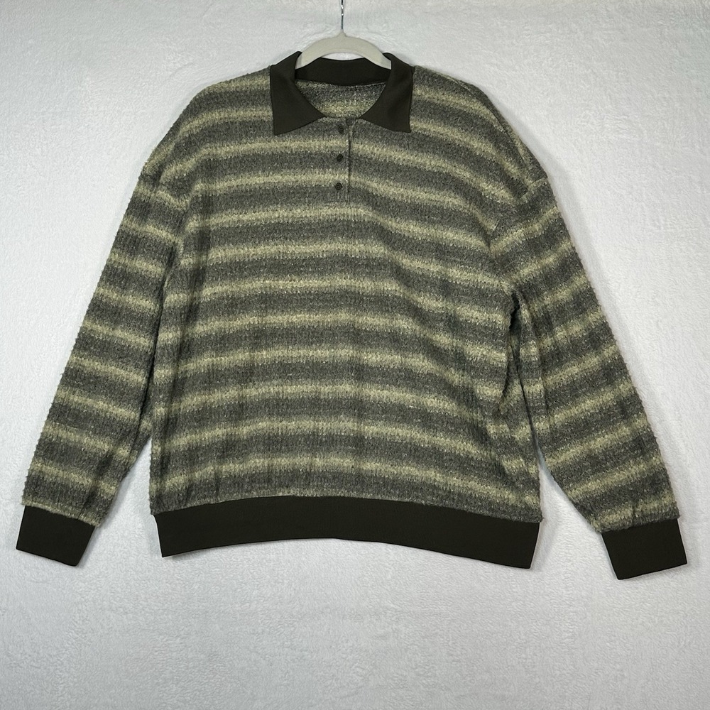 MUSERA Textured Striped Polo Sweater Large‎ Brown Green Shaggy Knit Preppy Retro